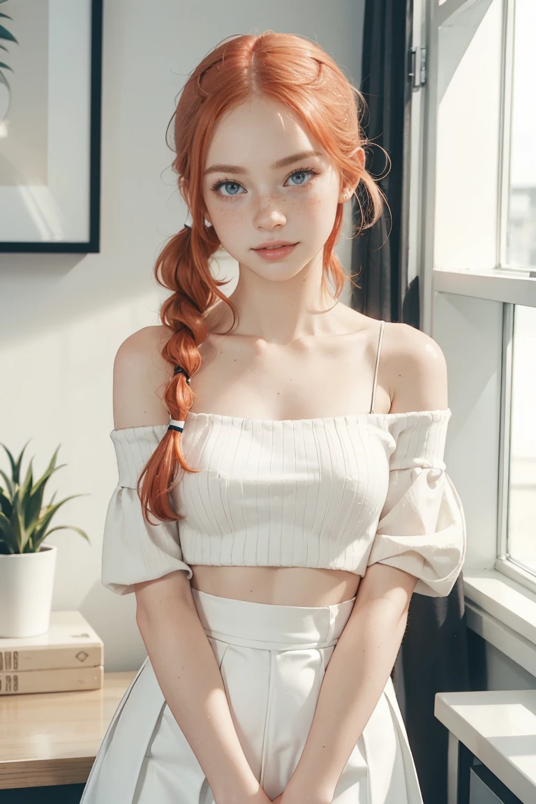 raw photo,sfw,beautiful ginger girl, standing in an office, laughs,graphic eyeliner, rouge,High Pigtails,realistic skin texture,face freckles,midi skirt,off shoulder top,masterpiece,blush,blushed,blushing,teen girl,pale white skin,medium perky ,,beautiful,low neckline,sexy pose,sexy,sexy body,perfect body, softcore, warm lighting, cosy atmosphere