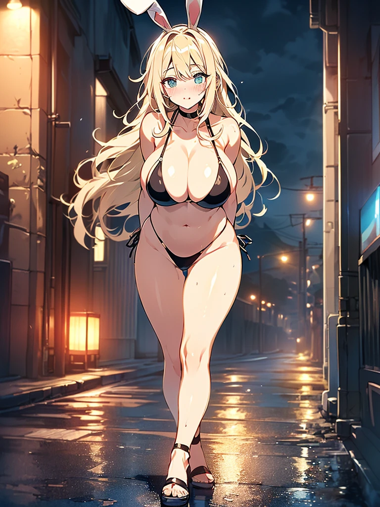 cute bunny girl,(((1girl))),((anime bunny girl with extremely cute and beautiful blonde hair walking seductively down the street)),(((bunny girl,anthro furry cute,bunny-girl))),(((bunny ears,bunny ears on head,big bunny ears))),


(large breasts:1.4),saggy breasts,(((blonde hair:1.35,colored inner hair,ear breathing,long hair))),((heterochromia,eye1 green eye2 orange,perfect eyes,upturned eyes:1.3,beautiful detailed eyes,finely detailed beautiful eyes:1,big highlight on eyes:1.2,slanted eyes)),((fat)),(((lustrous skin:1.5,bright skin: 1.5,skin tanned,shiny skin,very shiny skin,shiny body,plastic glitter skin,exaggerated shiny skin))),(spider lower abdomen,narrow waist,wide hip,athletic body,inflated legs,delicate detailed fingers,detailed body,detailed arms,human hands,(detailed face)),

cute,slutty,seductive,erotic,(((nsfw))),

(((slingshot swimsuit))),(((huge cleavage))),(detailed outfit,detailed clothes),

(dynamic pose:1.0),solo focus,embarrassed,centered,scale to fit dimensions,Rule of thirds,

outdoors,((night view)),(cyberpunk night street Background: 1.5,dark sky,alleyway, alley,thick clouds,detailed background:1.25),

(best quality),(high resolution),(sharp focus),(ultra detailed),(extremely detailed),(extremely high quality artwork),8k_wallpaper,(extremely detailed CG 8k),(very fine 8K CG),((hyper super ultra detailed perfect piece)),flawless,(((masterpiece))),illustration,vibrant colors,(intricate),High contrast,Selective lighting,Double exposure,HDR (High Dynamic Range),Post-processing,Background blur,