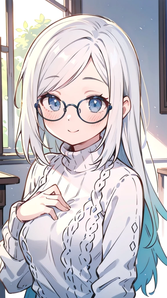 masterpiece,masterpiece, high quality, 最high quality, Super detailed, High resolution, (realism:1.1), photorealism, Portraiture, Amazingly beautiful one girl, (cute:1.1), Beautiful woman face, Normal chest, sweater, Smile Glasses, White Hair, Long Hair, blushing, Volumetric lighting, Contrast, Depth of written boundary, Sharp focus, Absurd, Unreal Engine