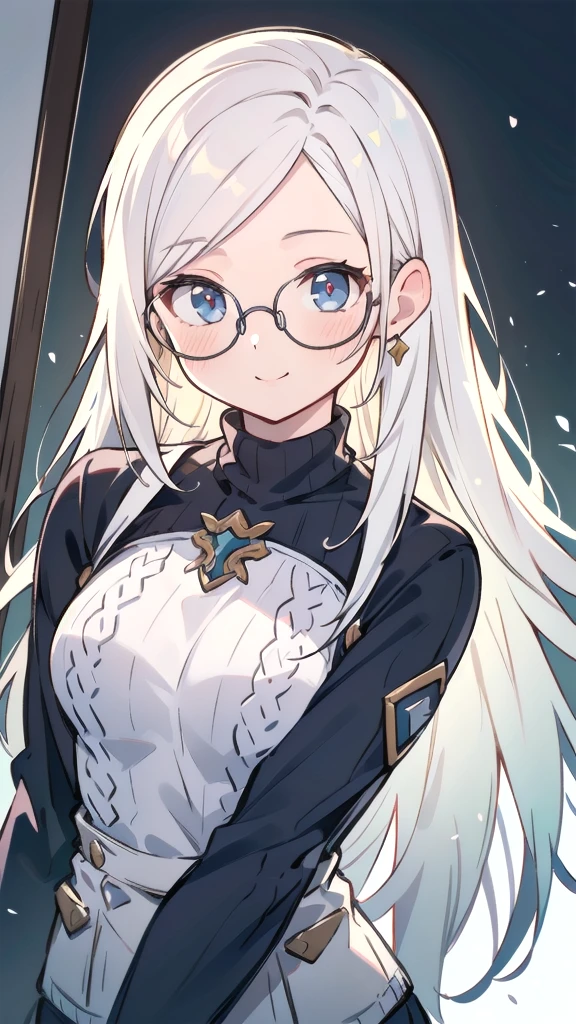 masterpiece,masterpiece, high quality, 最high quality, Super detailed, High resolution, (realism:1.1), photorealism, Portraiture, Amazingly beautiful one girl, (cute:1.1), Beautiful woman face, Normal chest, sweater, Smile Glasses, White Hair, Long Hair, blushing, Volumetric lighting, Contrast, Depth of written boundary, Sharp focus, Absurd, Unreal Engine