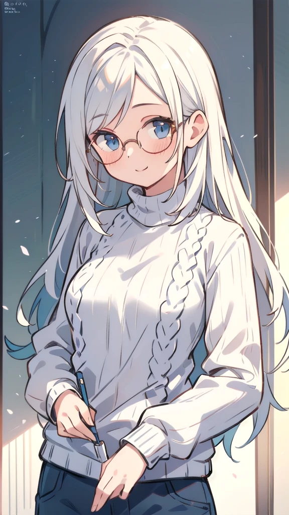 masterpiece,masterpiece, high quality, 最high quality, Super detailed, High resolution, (realism:1.1), photorealism, Portraiture, Amazingly beautiful one girl, (cute:1.1), Beautiful woman face, Normal chest, sweater, Smile Glasses, White Hair, Long Hair, blushing, Volumetric lighting, Contrast, Depth of written boundary, Sharp focus, Absurd, Unreal Engine