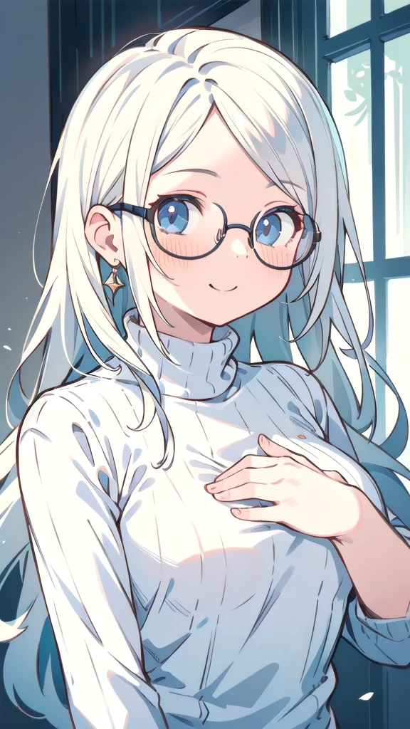 masterpiece,masterpiece, high quality, 最high quality, Super detailed, High resolution, (realism:1.1), photorealism, Portraiture, Amazingly beautiful one girl, (cute:1.1), Beautiful woman face, Normal chest, sweater, Smile Glasses, White Hair, Long Hair, blushing, Volumetric lighting, Contrast, Depth of written boundary, Sharp focus, Absurd, Unreal Engine