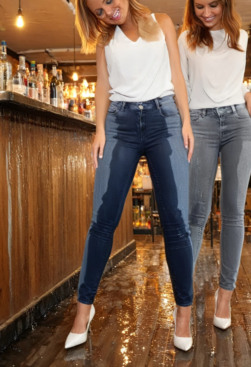 three attractive women, one blonde wearing black skinny jeans, one redhead wearing dark blue skinny jeans, one brunette wearing skinny jeans, high heel pumps, white blouse, standing in a crowded bar, wetting, big smile, pee stains are gleaming wet, bright lighting