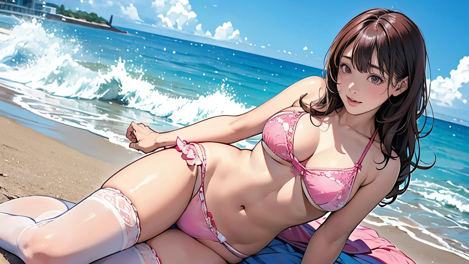 Ultra HD、super high quality、masterpiece、detailed、8K、The location is the beach、The Sunshine、Flowing Clouds、Calm waves、A 15-year-old high school girl is sweating、The high school girl is Russian and has long pink hair.、Have pink eyes、She has a flower tattoo and a glamorous figure.、She is wearing a cute pink bikini with frills.、White lace stocking on the left leg only、Pretty sexy