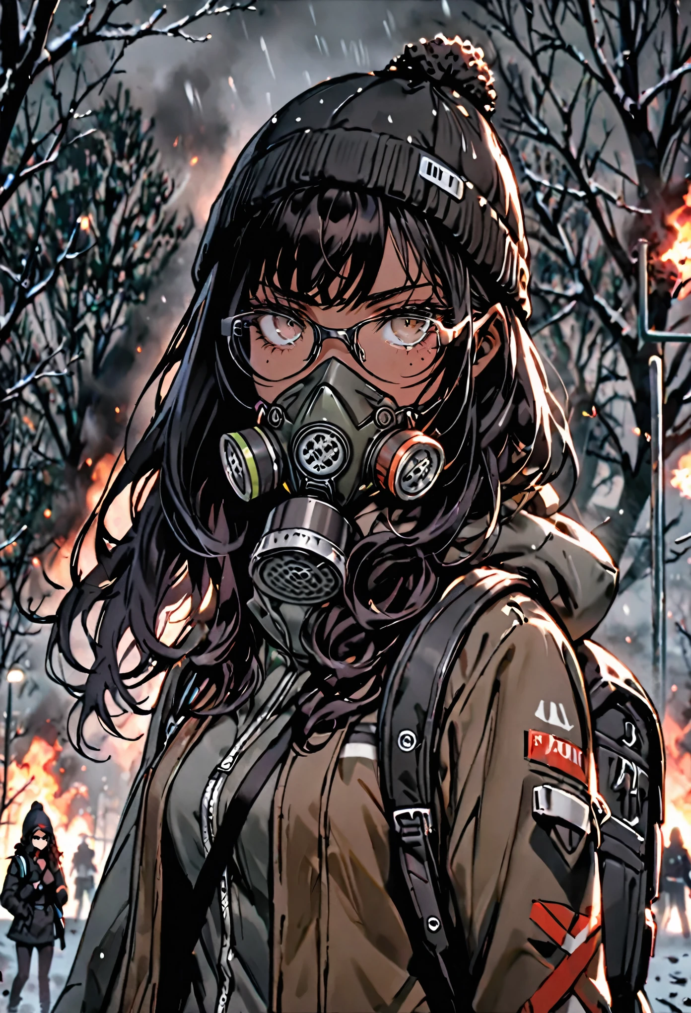 female, brown skin, long hair, black hair, very curly hair, beanie, thick-rimmed glasses, backpack, cold, freckles, frown, riot, gas mask, slingshot, park