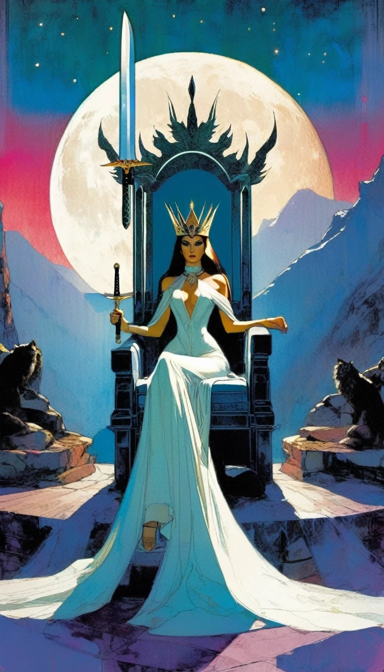 sexy queen sitting on her throne, throne on the street, landscape of mountains and moon, serenity, raises one hand and carries a sword in the other (art inspired by Bill Sienkiewicz)