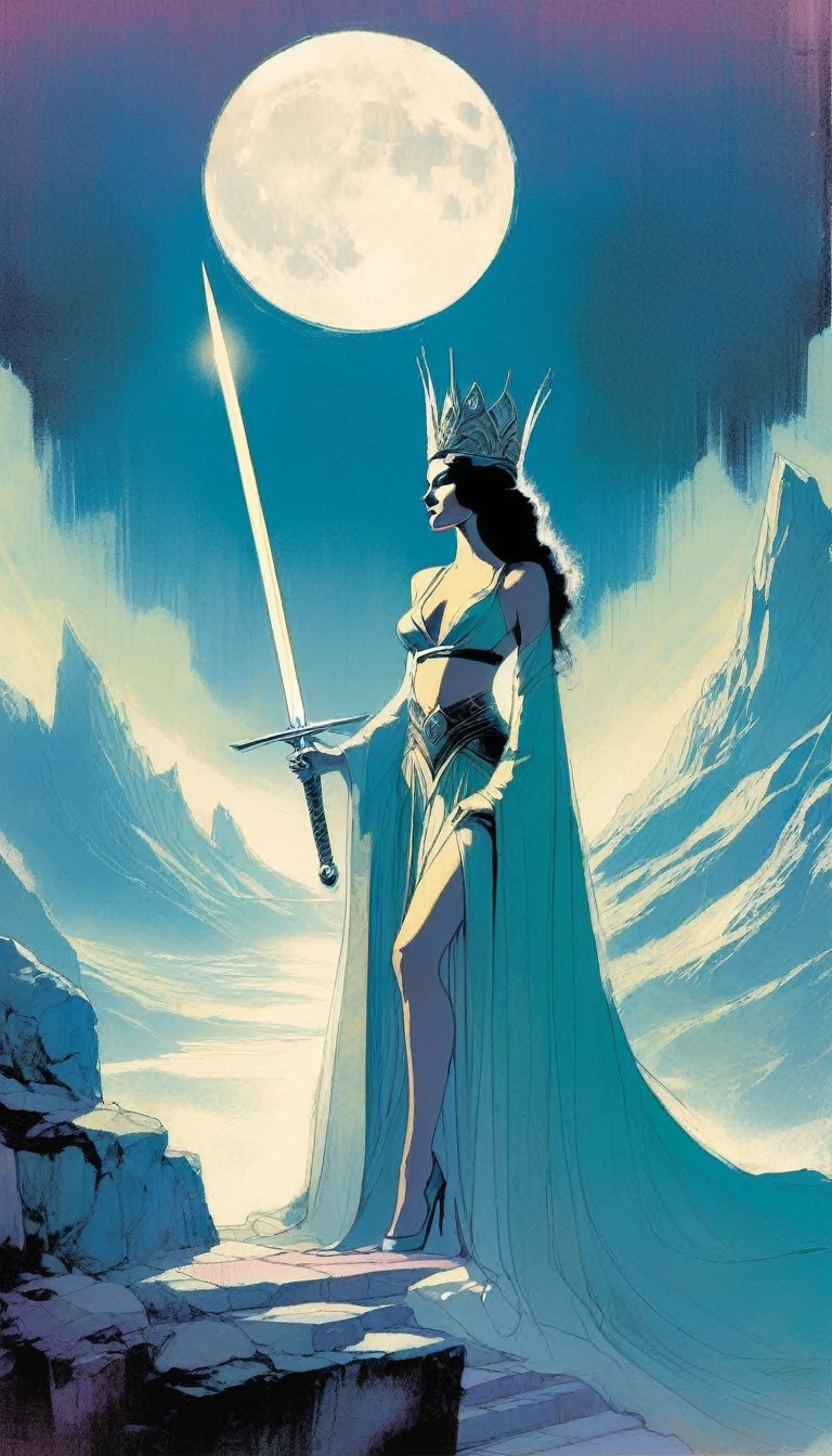  queen sitting on her throne, throne on the street, landscape of mountains and moon, serenity, raises one hand and carries a sword in the other (art inspired by Bill Sienkiewicz)
