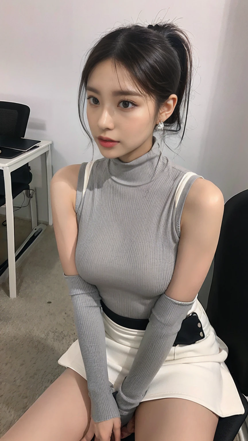 8K、Ultra-high resolution、Ultra-high resolution、Ultra HD、Ultra-realistic、Highest quality、Masseter muscle area)(Beautiful Japanese Women、Black hair ponytail:1.1)(huge 、Toned body:1.3)(office lady、White sleeveless turtleneck、Grey tight skirt、High heels、Hide all breasts、Drawing from the front:1.38)In the office district、(Open your legs wide to the sides、Sit on a chair with your knees bent:1.18)