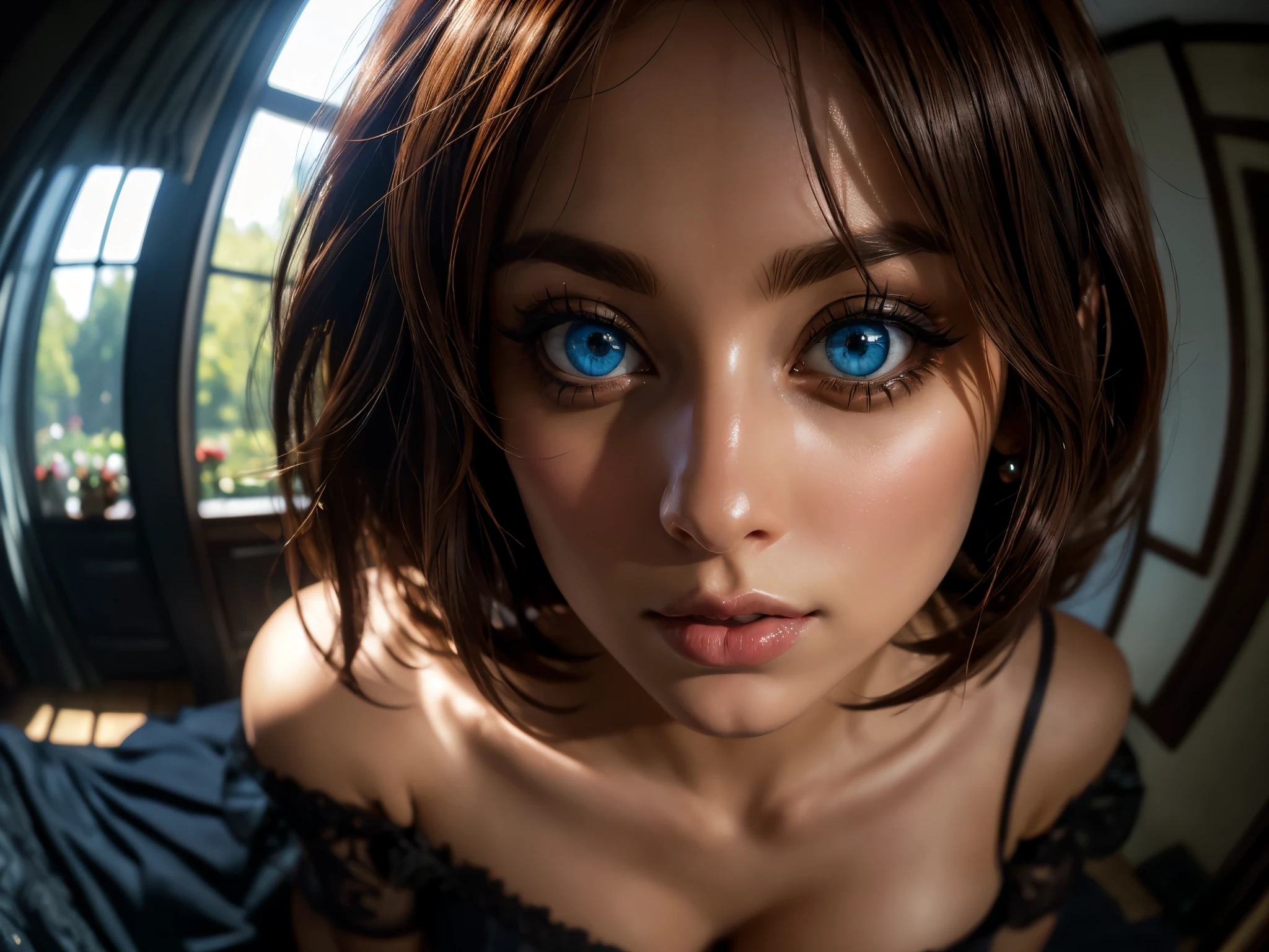 (((Full body 1.1, panorama, full-length, wallpaper, photo-posing, for magazine cover 1.1))), (((( very beautiful eyes 1.1)))). (perfect details: 1.1), (beautiful and clear background: 1.2), (extremely detailed CG, ultra detailed, best shadow: 1.1), (((finely detailed beautiful eyes))), (full length 1.1).a very beautiful woman with dark skin, red hair in a bob hairstyle, expressive blue eyes, wearing white lace lingerie, in a bedroom setting with a sexy and erotic atmosphere,(best quality,4k,8k,highres,masterpiece:1.2), ultra-detailed,(realistic,photorealistic,photo-realistic:1.37),portrait,glamorous,dramatic lighting,cinematic,chiaroscuro HDMI, HDRI, UDHD,(( Scatter effect)), (( volume effect 1.1)), (( Depth sharpness 1.1)), ((fisheye lens)).(perfect details: 1.1), (beautiful and clear background: 1.2), (extremely detailed CG, ultra detailed, best shadow: 1.1), (finely detailed beautiful eyes) , (full-length 1.1)