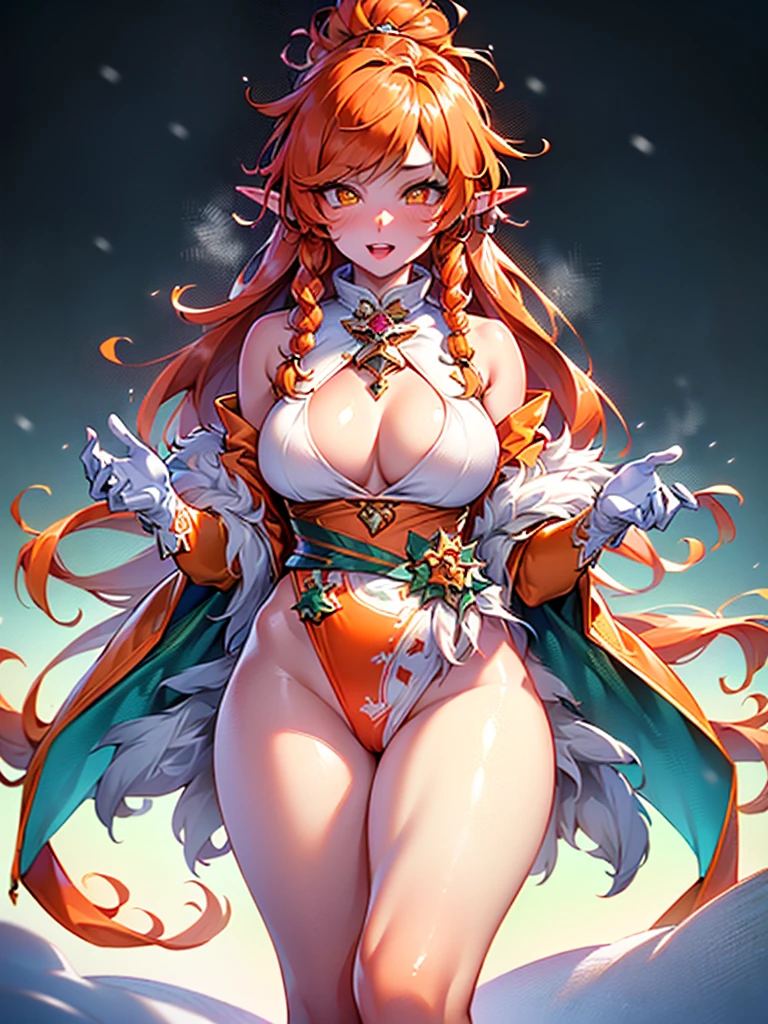 cute elf,(((little ,tiny little body,little))),((())),((anime elf with extremely cute and beautiful orange hair)), (((elf))), (((elf ears))),
(((flat chest))),((((orange hair:1.35,messy orange hair,long hair,huge braids,colored inner hair,ear breathing)))),(((orange_eyes:1.3))),intricate eyes,beautiful detailed eyes,symmetrical eyes,big eyes:1.5,(((lustrous skin:1.5,bright skin: 1.5,skin tanned,shiny skin,very shiny skin,shiny body,plastic glitter skin,exaggerated shiny skin,illuminated skin))),(detailed body,(detailed face)),
cute,slutty,erotic,daring,(((nsfw))),
zettai ryouiki,revealing clothing,show skin,(((Sexy orange coat, orange coat outfit, wearing a orange coat:1.3,orange winter coat))), ((orange mini-skirt,orange mini skirt with furry edge,visible thong straps)),(white gloves,orange clothes,semi-naked,with little orange clothing,((((furry edge clothing)))),(((intricate outfit,intricate clothes,embroidered outfit,ornate outfit))),
(dynamic pose:1.0),embarrassed,(centered,scale to fit dimensions,Rule of thirds),
((snowy pine forest at night)),with dark stormy clouds,winter,scenery:1.25,((snow forest background)),Christmas tree,
highres,sharp focus,(ultra detailed,extremely detailed),(photorealistic artwork:1.37),(extremely detailed CG unity 8k wallpaper),(((vibrant colors,vibrant theme))),(intricate),(masterpiece),(best quality),