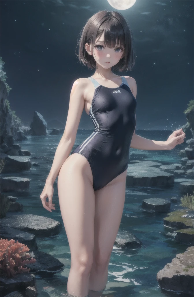 最high quality , high quality , High resolution , Detailed CG , high school girl , short hair , School Swimsuit , slender , Modest chest , Beautiful small hips , Black Hair , Two limbs , Optimal ratio , Embarrassed expression , Burning cheeks , Sea of night , Reef at night , Very dark place , The only light is a little moonlight , A place without people , Nipples are visible , touching one's own breasts with one's own hands , facial expression during orgasm , Hiding in the shadows