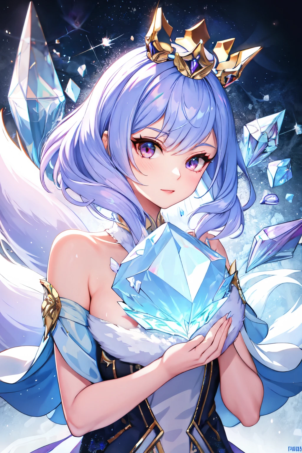 female humanoid fox wearing a crystal crown, long light purple hair, fox ears, and gemstone foxtails