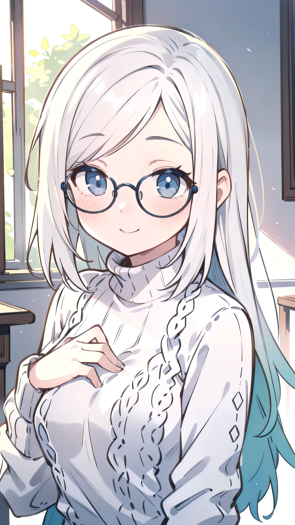 masterpiece,masterpiece, high quality, 最high quality, Super detailed, High resolution, (realism:1.1), photorealism, Portraiture, Amazingly beautiful one girl, (cute:1.1), Beautiful woman face, Normal , sweater, Smile Glasses, White Hair, Long Hair, blushing, Volumetric lighting, Contrast, Depth of written boundary, Sharp focus, Absurd, Unreal Engine
