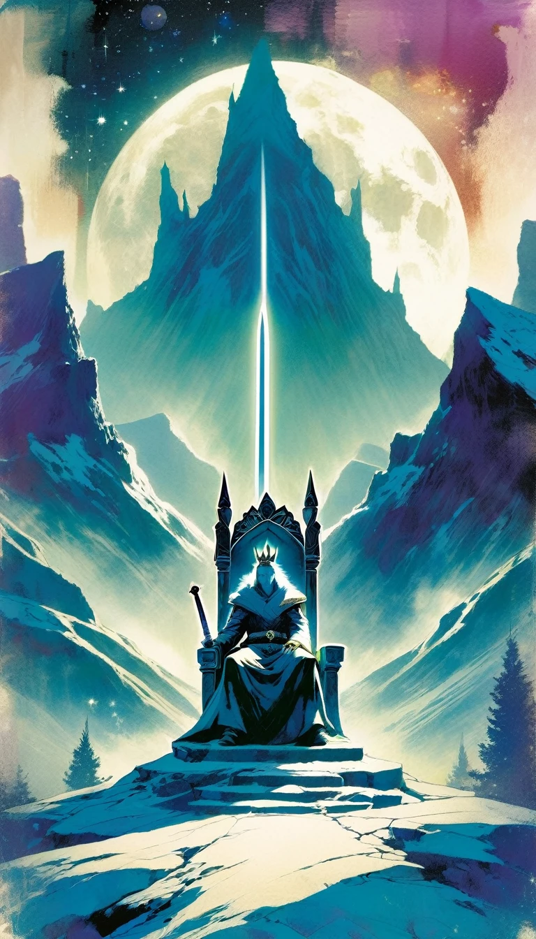 wise king sitting on his throne, throne in the street, mountain and moon landscape, serenity, sword (art inspired by Bill Sienkiewicz)
