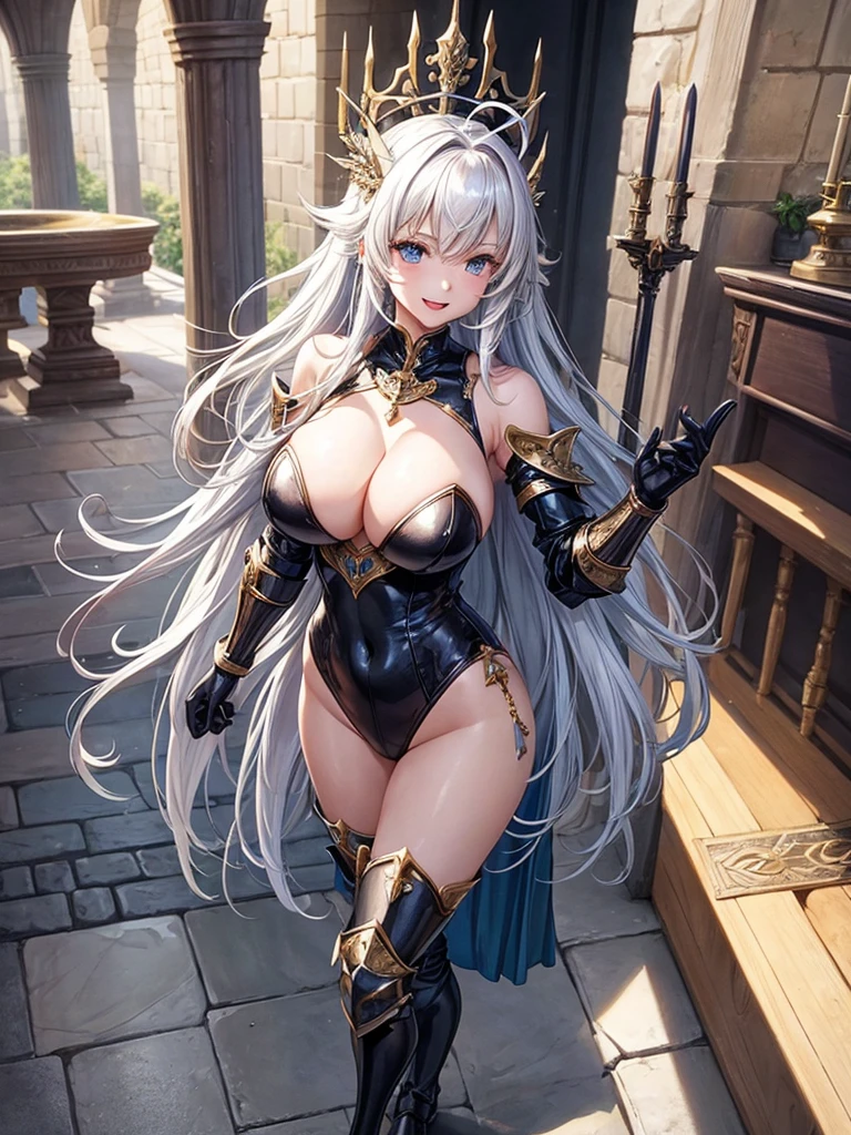 Woman knight、a beauty girl、huge 、Excellent style、Nice Buddy、glamorous、leotard、s Armor、  armor、knee boots、gauntlets、hair adornments、silber hair、Longhaire、Ahoge、a medieval castle、is standing、full body seen、Outside the castle、natta、a smile、slightly open mouth