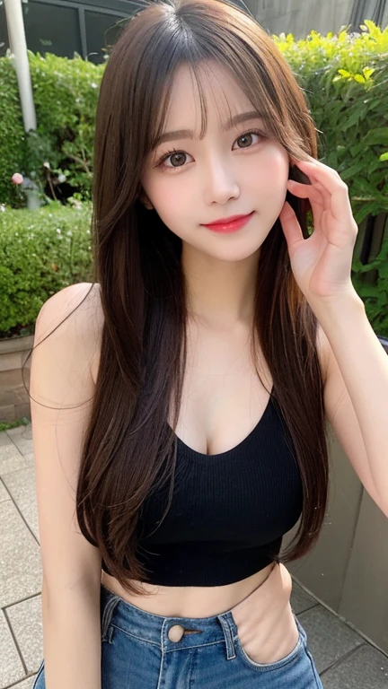 Tabletop, Highest quality, shape, Very detailed, finely, High resolution, 8k wallpaper, 完璧なダイナミックな構shape, Beautiful and exquisite, Nice spring clothes,Beautiful straight hair,Small breasts,Natural color lip, 20-year-old girl、cute、Always blur the background,Perfect and beautiful face,Beautiful and dense face、Slim face and figure,Big eyes、Putting on gal makeup,Actual Photos（Best image quality）、Sexy Face、Fashion model posing、Full Body Shot、smile、Change pose randomly、Randomly change the shooting angle and position、Summer fashion for women