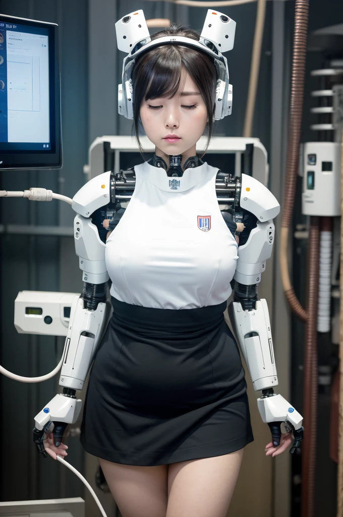 masterpiece, best quality, extremely detailed, Japaese android girl,Plump , control panels,android,Droid,Mechanical Hand, Robot arms and legs,Blunt bangs,perfect robot girl,long tube,thick cable connected her neck,android,robot,humanoid,cyborg,japanese cyborg girl ,future laboratory,robot laboratory,maintenance,connecting a cable between the legs,skirt,fat,chubby,She is charging now,（sleep mode:1.5）（closing eyes:1.5）