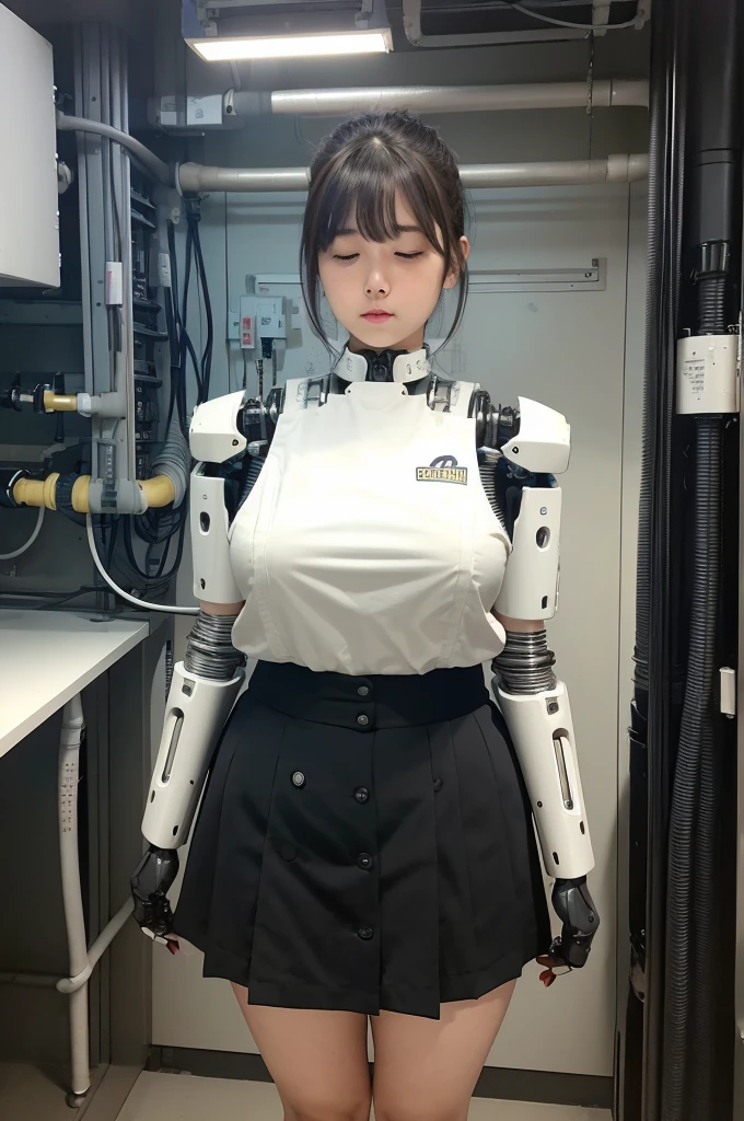 masterpiece, best quality, extremely detailed, Japaese android girl,Plump , control panels,android,Droid,Mechanical Hand, Robot arms and legs,Blunt bangs,perfect robot girl,long tube,thick cable connected her neck,android,robot,humanoid,cyborg,japanese cyborg girl ,future laboratory,robot laboratory,maintenance,connecting a cable between the legs,skirt,fat,chubby,She is charging now,(sleep mode:1.5)(closing eyes:1.5)