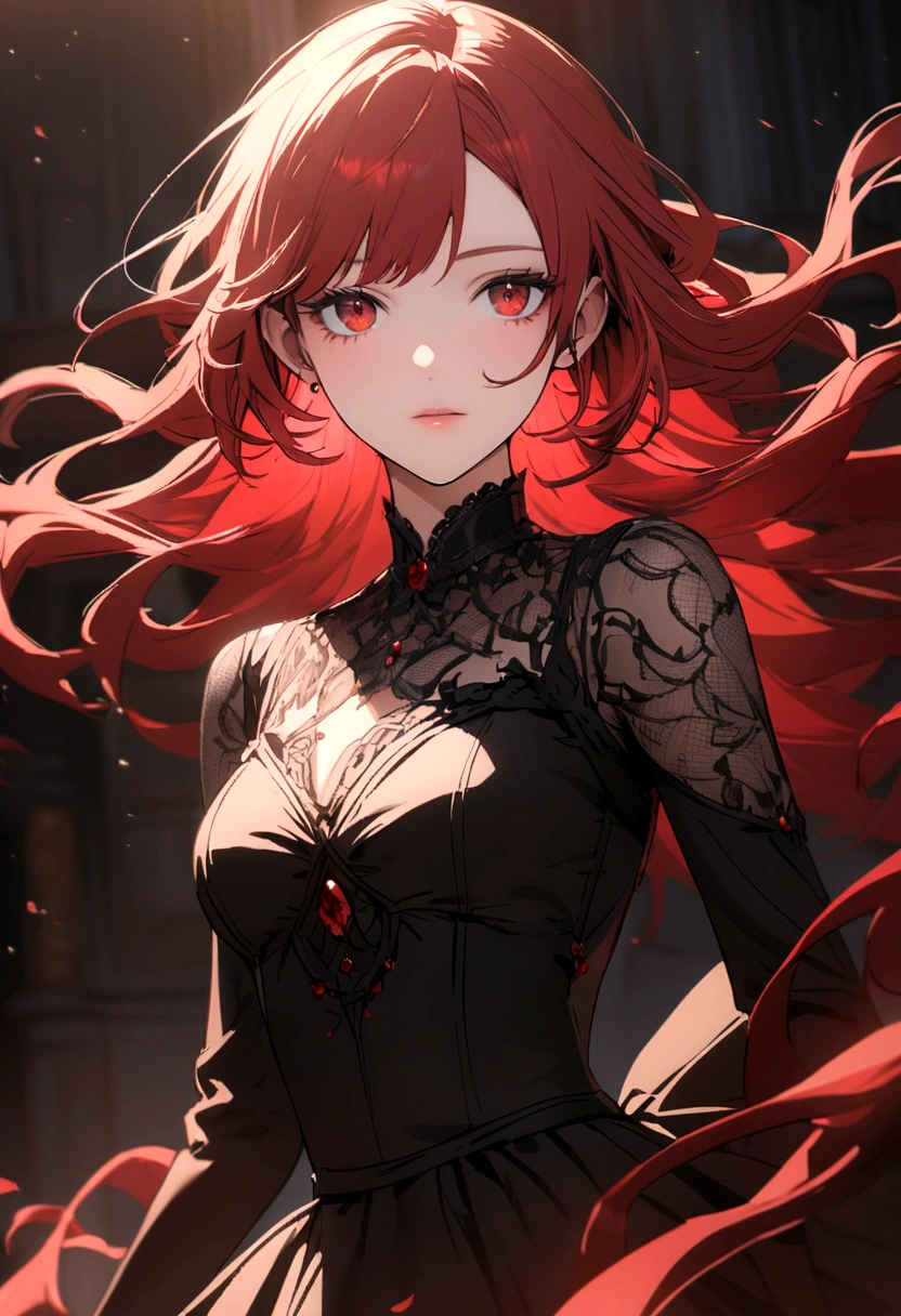 He has red hair with a beautiful face and red eyes.