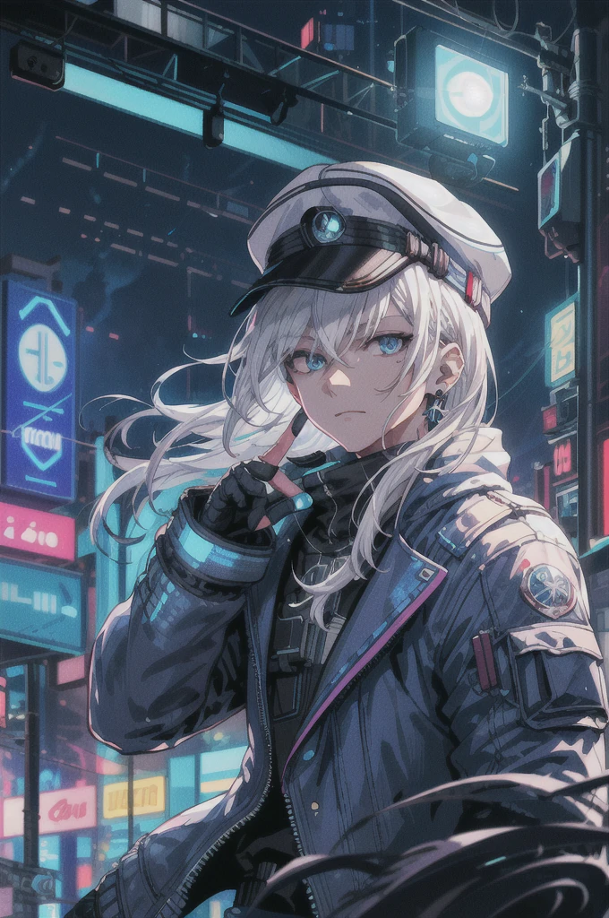 1 boy, solo, colorful, blue eyes, cyberpunk, cityscape, moon background, peace sign, earrings, white hair, hat, neon sign, beautiful lights, character focus, CG illustration, bust shot, white color jacket, 8k resolution, very detailed, anatomically correct, digital painting, concept art, clear picture,