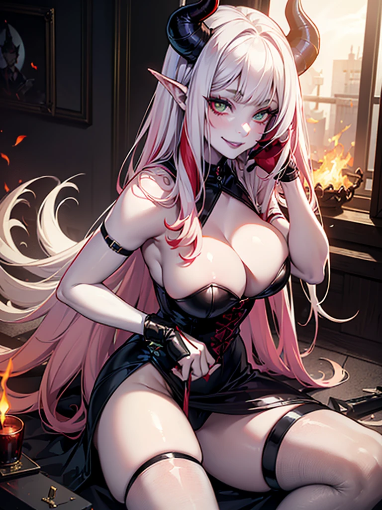 ((cute, innocent smile, shy)), succubify, (pale skin:1.3), demon horns, demon tail, demon wing (black lips:1.2), red hair, green eyes (" Ana de Armas", “kagney linn karter ").blend(0.1,1), (1girl), fire in the background, flames,