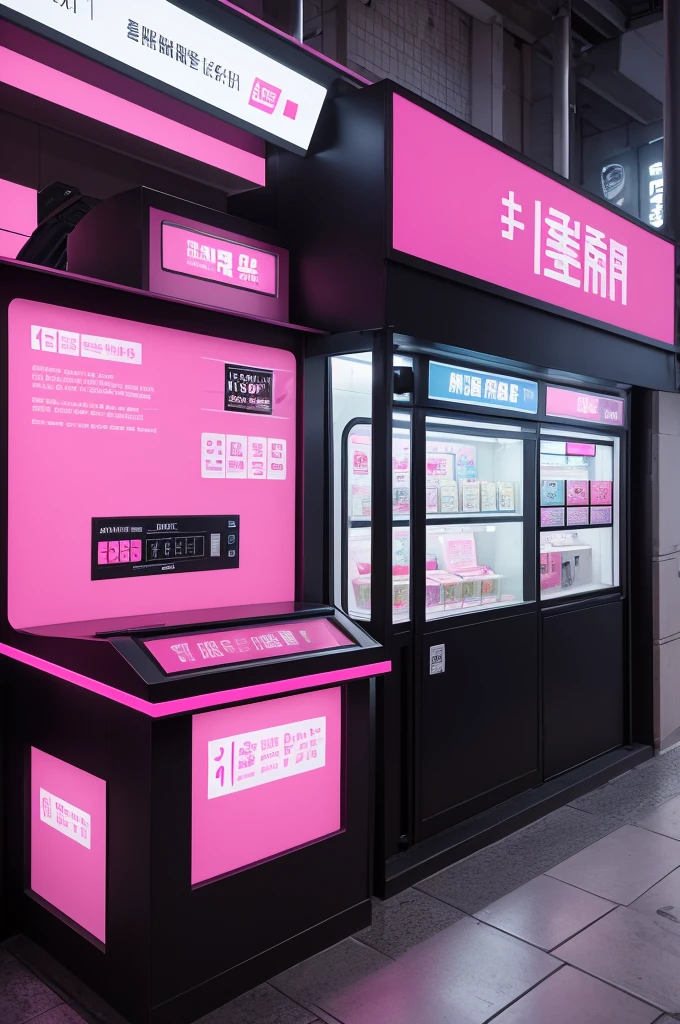 pink and black kiosk to sell tickets with counter and logo : night station