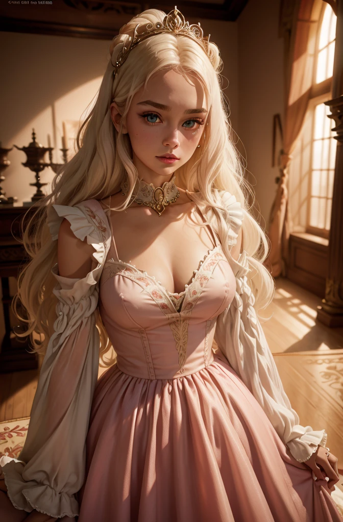 White Blonde hair, fluffy hair, stylish hair, long hair, lilac eyes, perfect eyes, beautiful, perfect face, tween, dainty , short, kind, curvy, a flowing pale airy gown with ruffles along the bottom with tiny pink flowers and gold dragon embroideries with flowers, Her tiara had a pretty teal gemstones, silver necklace, noble class, royal, royalty, red castle, feasting hall, medieval, elegant surroundings, soft dewy makeup look, light peach blush, soft tan eyeshadow, light coral lipstick, cutesy, girlish, girly, guileless, ingénue, princess , whimsical lighting, Targaryen, dragons in the sky, photorealistic