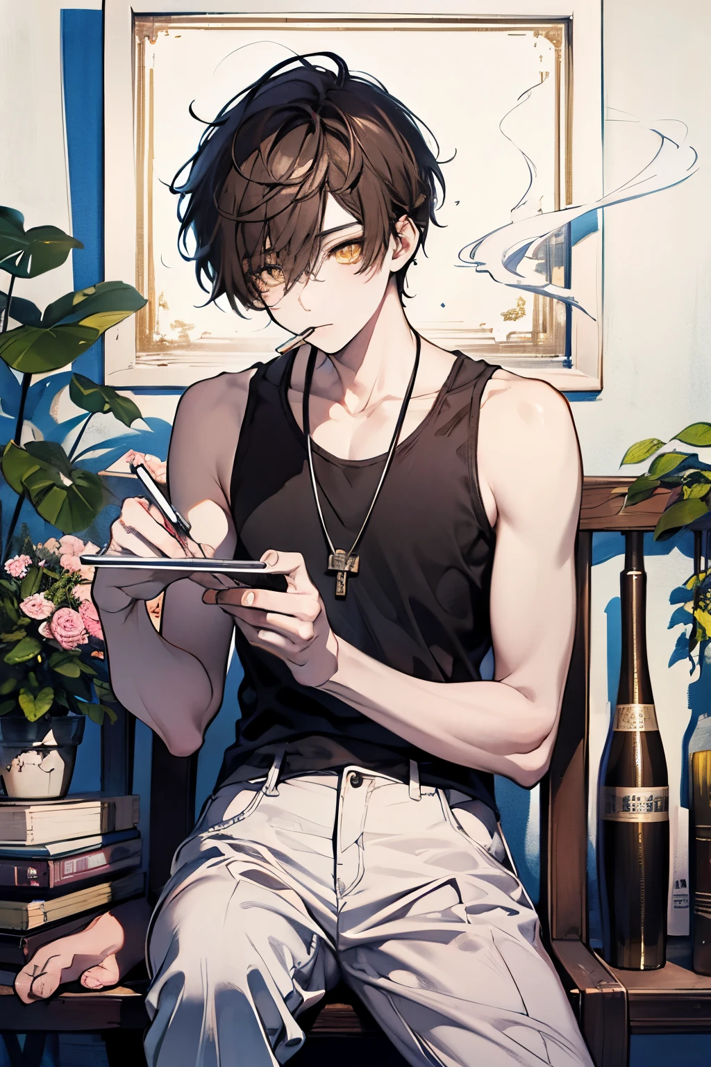 Beautiful young man, brown hair, short hair, yellow eyes,Shiny Sparkling eyes,White Tank top,(smokes), night, smoke,high quality, amount of drawing, pixiv illustration,nsfw,beautiful image,perfect pixiv,sitting with a defiant attitude