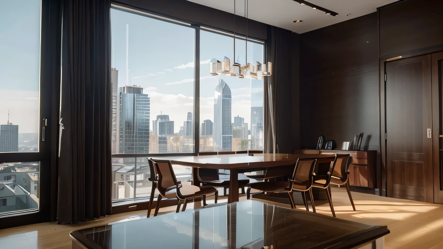 a sophisticated elegant modern meeting room, high-end furniture, large windows, wooden table, comfortable leather chairs, minimalist decor, warm lighting, panoramic city view, clean lines, luxurious ambiance, professional business setting, masterpiece, (best quality,8k,highres,ultra-detailed,realistic,photorealistic:1.37), cinematic lighting, interior design, architectural visualization