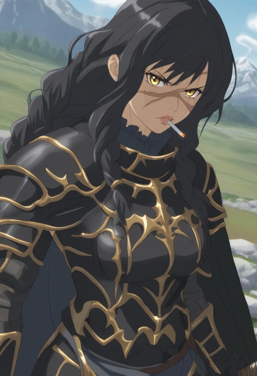 {{portrait, dutch angle}} {{Artist: Sincos}} 1girl, solo, toned female, mature female, medium breasts, black hair, braided hair, long hair, golden eyes, lips, black armor with golden accents, black cape, angry, outdoors, mountain, looking at viewer, standing, holding sword, day, medieval fantasy, scar, cigarette, smoking