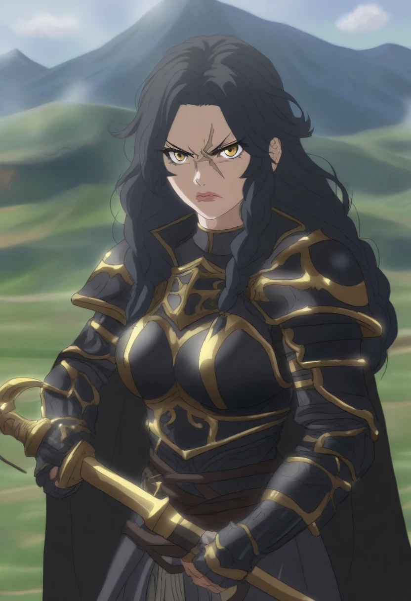 {{portrait, dutch angle}} {{Artist: Sincos}} 1girl, solo, toned female, mature female, medium breasts, black hair, braided hair, long hair, golden eyes, lips, black armour with golden, black cape, angry, outdoors, swamp, ruins, looking at viewer, standing, holding sword, fog, medieval fantasy, scar, cigarette, smoking, day