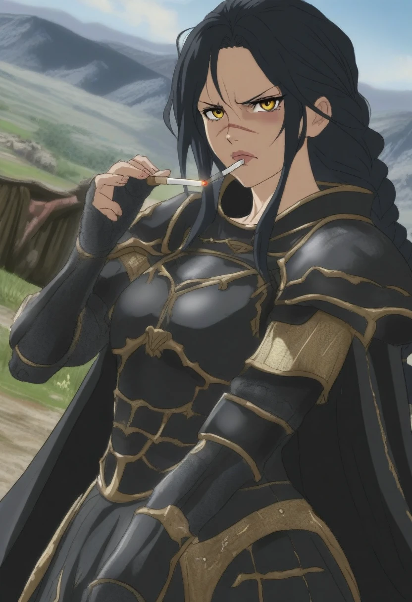 {{portrait, dutch angle}} {{Artist: Sincos}} 1girl, solo, toned female, mature female, medium breasts, black hair, braided hair, long hair, golden eyes, lips, black armor with golden accents, black cape, angry, outdoors, mountain, looking at viewer, standing, holding sword, day, medieval fantasy, scar, cigarette, smoking