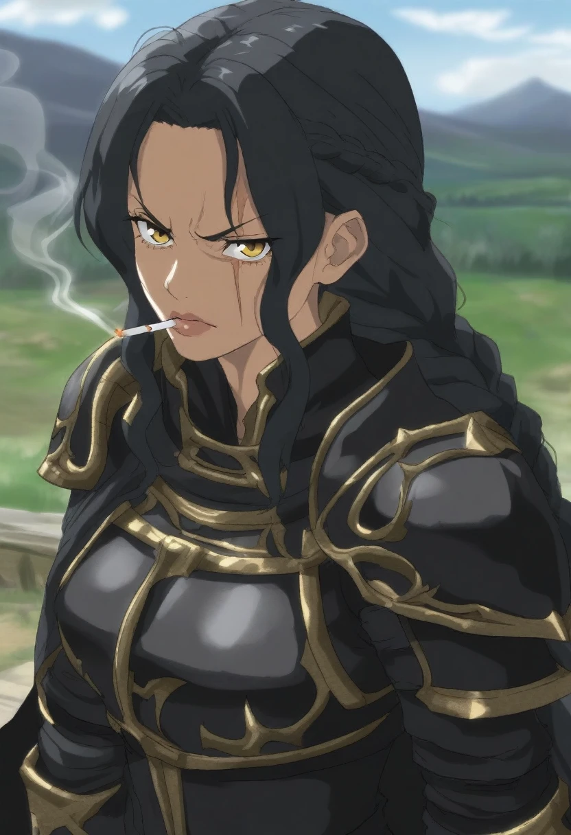 {{portrait, dutch angle}} {{Artist: Sincos}} 1girl, solo, toned female, mature female, medium breasts, black hair, braided hair, long hair, golden eyes, lips, black armour with golden, black cape, angry, outdoors, swamp, ruins, looking at viewer, standing, holding sword, fog, medieval fantasy, scar, cigarette, smoking, day