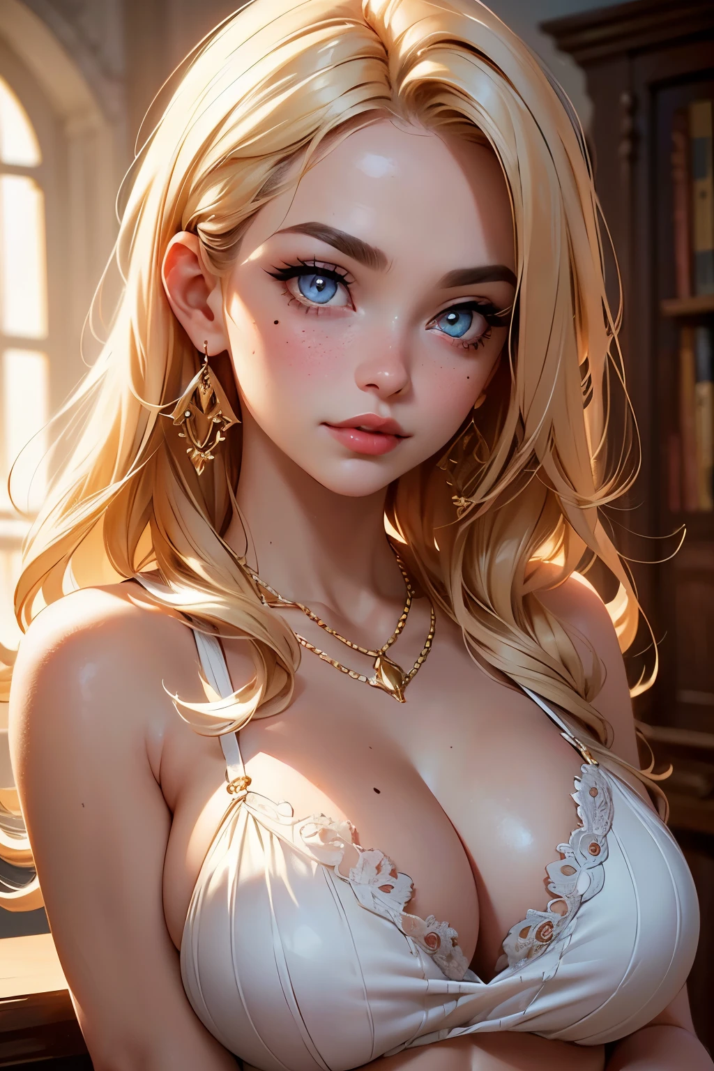 (Blonde stunning hair), (blue eyes), blue necklace, Golden earrings, Fit, Gorgeous Body, gorgeous, brown eyebrows, (two moles over lip), big pupils, (23 years old), 1girl,solo, complex skin, warm light, (large breasts), wide thighs, round butt, 5 fingers, ((blushing)), ((detailed face, best quality)), (masterpiece)), ((ultra-detailed)), (beautiful detailed eyes), red lip, eyeshadow, beautiful face, long hair, very detailed eyes, intricate details in eyes, perfect lips, good lighting, cleavage, ((smug face)), hot outfit, ((showing off cleavage)), ((Lips closed as if kissing the camera, front view))