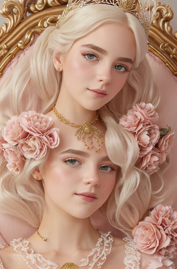 White Blonde hair, fluffy hair, stylish hair, long hair, lilac eyes, perfect eyes, beautiful, perfect face, tween, dainty , short, kind, , a flowing pale airy gown with ruffles along the bottom with tiny pink flowers and gold dragon embroideries with flowers, Her tiara had a pretty teal gemstones, silver necklace, noble class, royal, royalty, red castle, feasting hall, medieval, elegant surroundings, soft dewy makeup look, light peach blush, soft tan eyeshadow, light coral lipstick, cutesy, girlish, girly, guileless, ingénue, princess , whimsical lighting, Targaryen, dragons in the sky, photorealistic