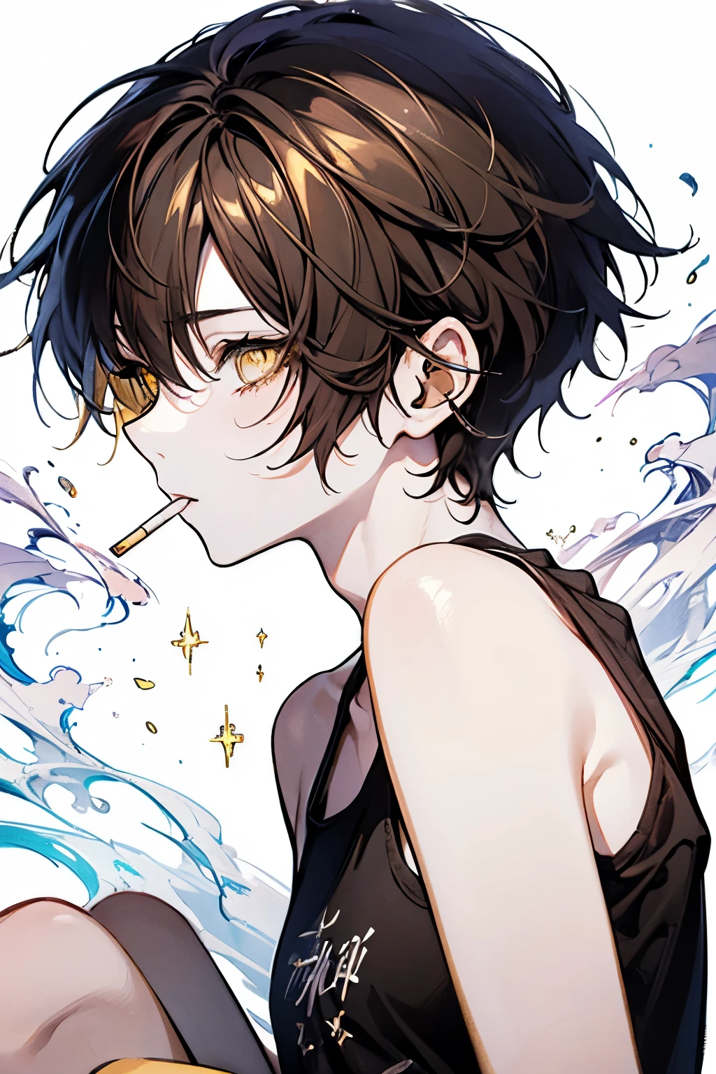 Beautiful young man, brown hair, short hair, yellow eyes,Shiny Sparkling eyes,White Tank top,(smokes), night, smoke,high quality, amount of drawing, pixiv illustration,nsfw,beautiful image,perfect pixiv,sitting with a defiant attitude