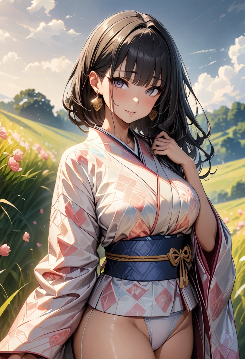(Perfect Anatomy)、Mastepiece、Ultra High Quality、 8K、masterpiece、Highest quality、Ultra-high resolution、Maximum resolution、Very detailed、Professional Lighting、anime、Adult female、thin、so beautiful、Highly detailed eye、Highly detailed face、Golden earrings，Black Hair, Peach-colored eyes，White underwear、Kimono with a beautiful pattern、kimono、grassland, 