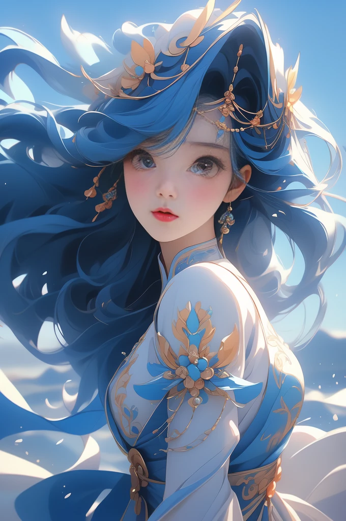 (8K, RAW photos, photoPractical:1.25) ,( Lip Gloss, eyelash, Glossy, Glowing skin, best quality, Ultra-high resolution, Depth of Field, Chromatic Aberration, corrosive, Wide-angle light, Natural shadows, Headdress, Korean Idol) ,浅粉色和蓝色wind格, 1 Girl, (Blue sky: 1.5), Tall and thin beautiful goddess, floating dress, Conservative girl, Cloud Goddess, Flowing white fabric, wearing a floating dress, Practical, (背景为Blue sky和白云: 1.4), (wind: 1.5), (whole body: 1.5), The camera is very close to the ground, Girl running