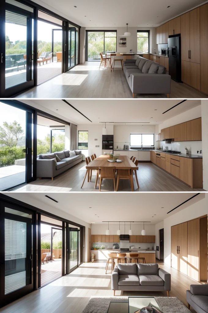 modern living room with woody covering, large door, gray sofa, integrated with dining room and kitchen