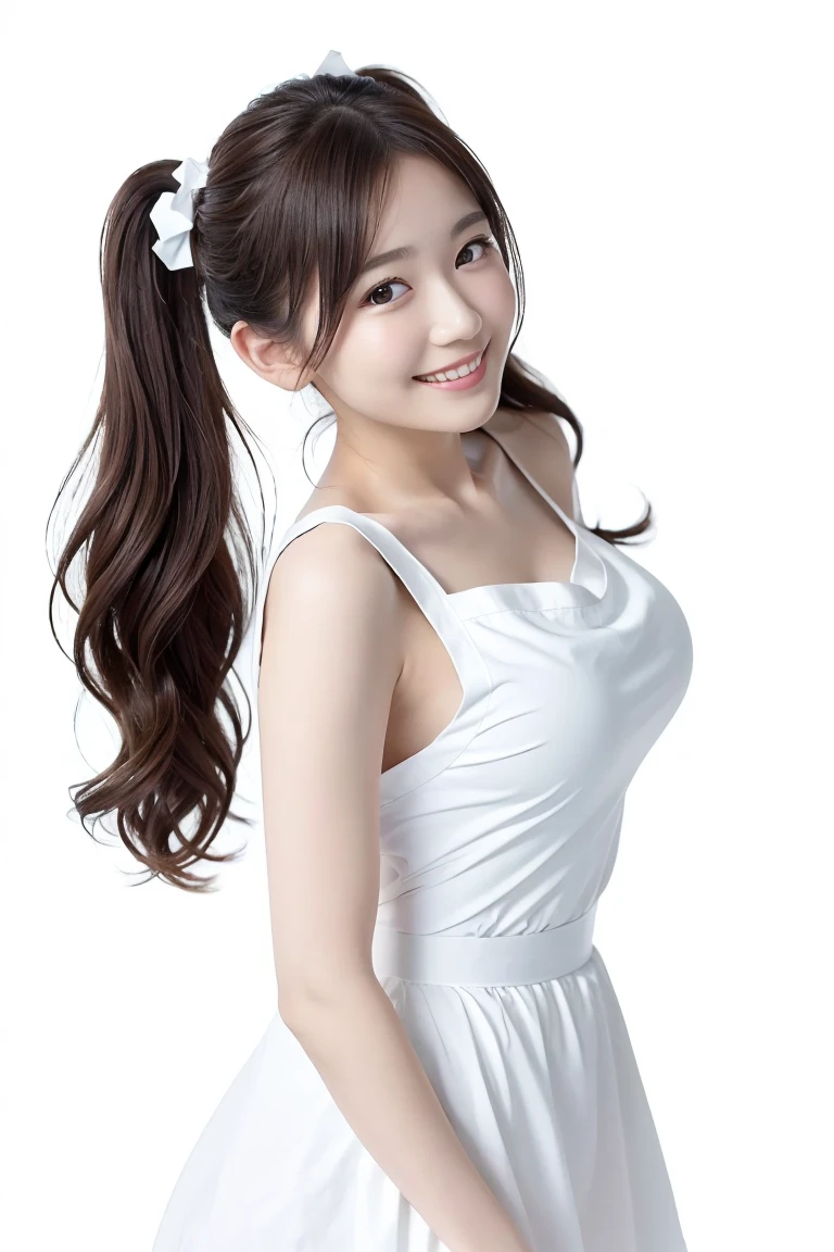 (Highest quality、Tabletop、8K、Best image quality、Award-winning works)、1. pretty girl、(wavy twin tails:1.1)、(Naked and white apron:1.2)、(The perfect pure white apron:1.3)、Perfect girl portrait photo、Glowing Skin、Brown Hair、(Large Breasts:1.3)、(Accentuate your body lines:1.1)、Standing Elegantly、(Face close-up:1.3)、Woman looking up at me、Cute Smile、(The simplest solid white background:1.5)
