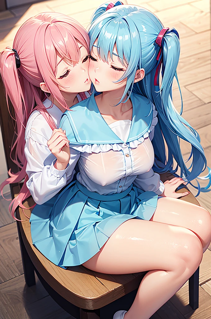 From above, (Close ~ eyes:1.2) One Girl, blush, sit, nsfw,beautiful girl,Light blue skirt, Anime move,Two Side Up、(Gloss Lip)、Thick lips,Kissing Face