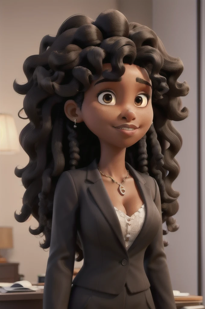 work of art, best qualityer, a woman with black curly hair, medium brown skin color, big hair, black suit
