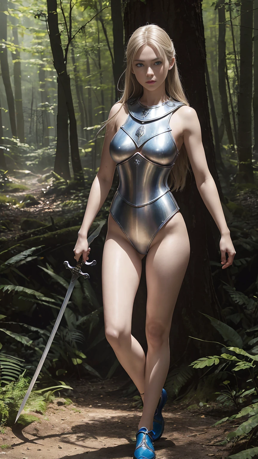 (photo realistic:1.4), (hyper realistic:1.4), (realistic:1.3),whole body, open your legs,realistic skin,medieval europe,Fight,(metal breastplate),thin,swordを持った細い女性,12 years old,No sleeve, whitened skin, in the forest,shoes,sword,girl,(legs without stockings),Lower body white swimsuit,blue eyes,lively eyes,,thin body