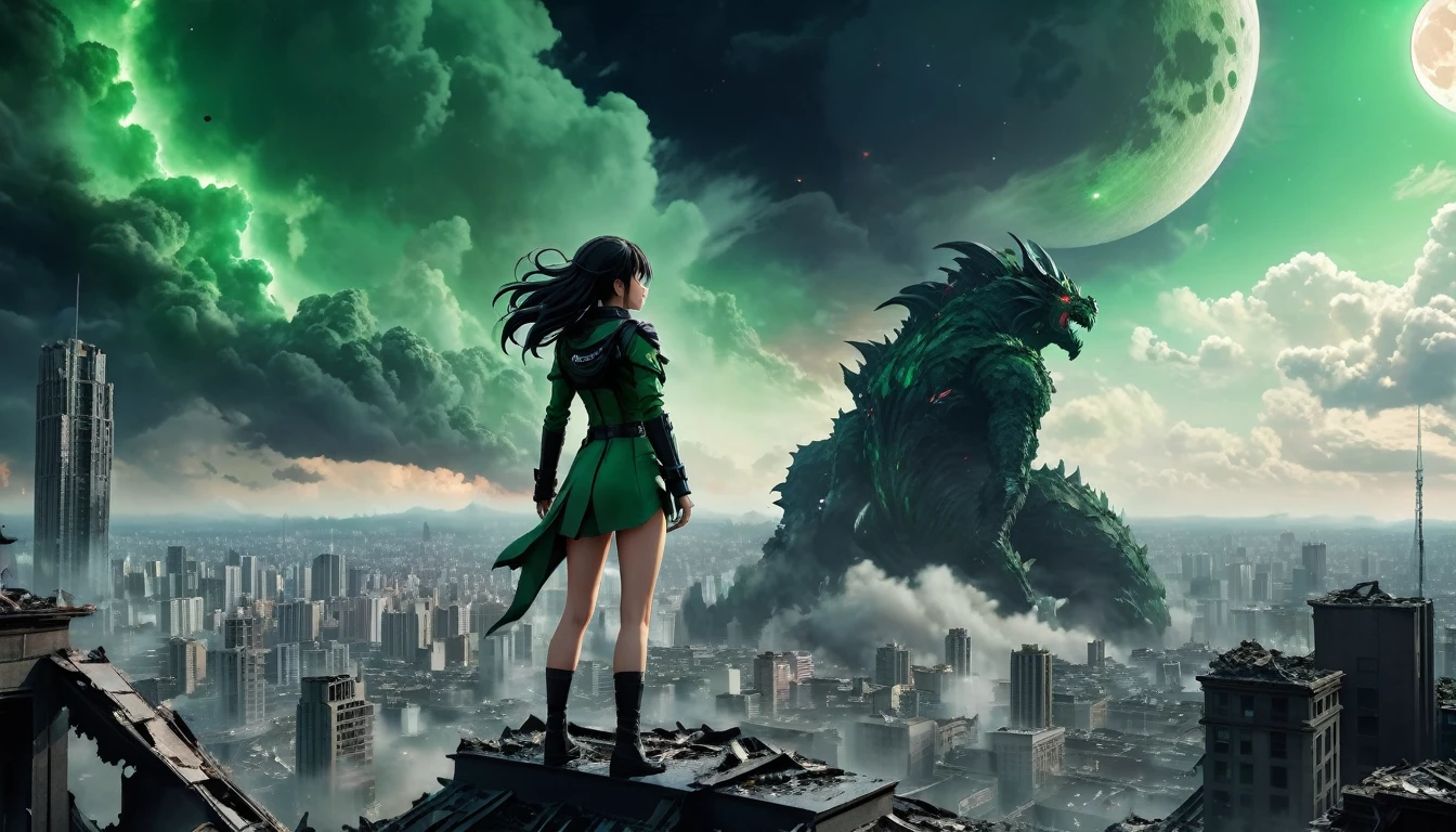 8K high-resolution images, Woman standing on top of a building,anime, A city destroyed by a space monster, Devouring people, Corpses Everywhere, Green sky and black clouds,The wind is blowing, In the background is a giant space monster devouring the moon..
