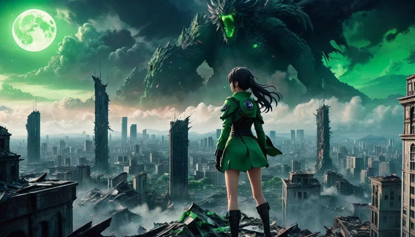 8K high-resolution images, Woman standing on top of a building,anime, A city destroyed by a space monster, Devouring people, Corpses Everywhere, Green sky and black clouds,The wind is blowing, In the background is a giant space monster devouring the moon..