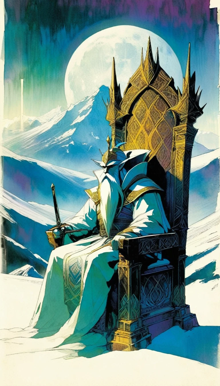wise king sitting on his throne, throne in the street, mountain and moon landscape, serenity, sword (art inspired by Bill Sienkiewicz)