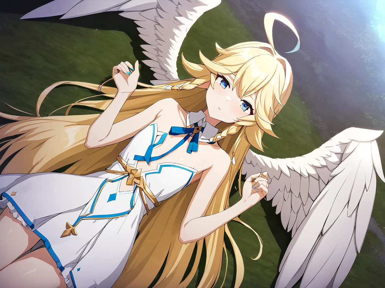 Zaora, blue eyes, (Variegated eyes:0.5), Blonde, Very long hair, Twin Blade, bangs, Ahoge, Hello, Angel, Flat ?????, White Dress, Belly button cutout, Detachable collar, Strapless, Neck ribbon, ???? shoulders, Angel wings, One girl, Lying on my back, solo break, From above, Grass, Dynamic Angle, Cinematic, Game CG, masterpiece, Highest quality
