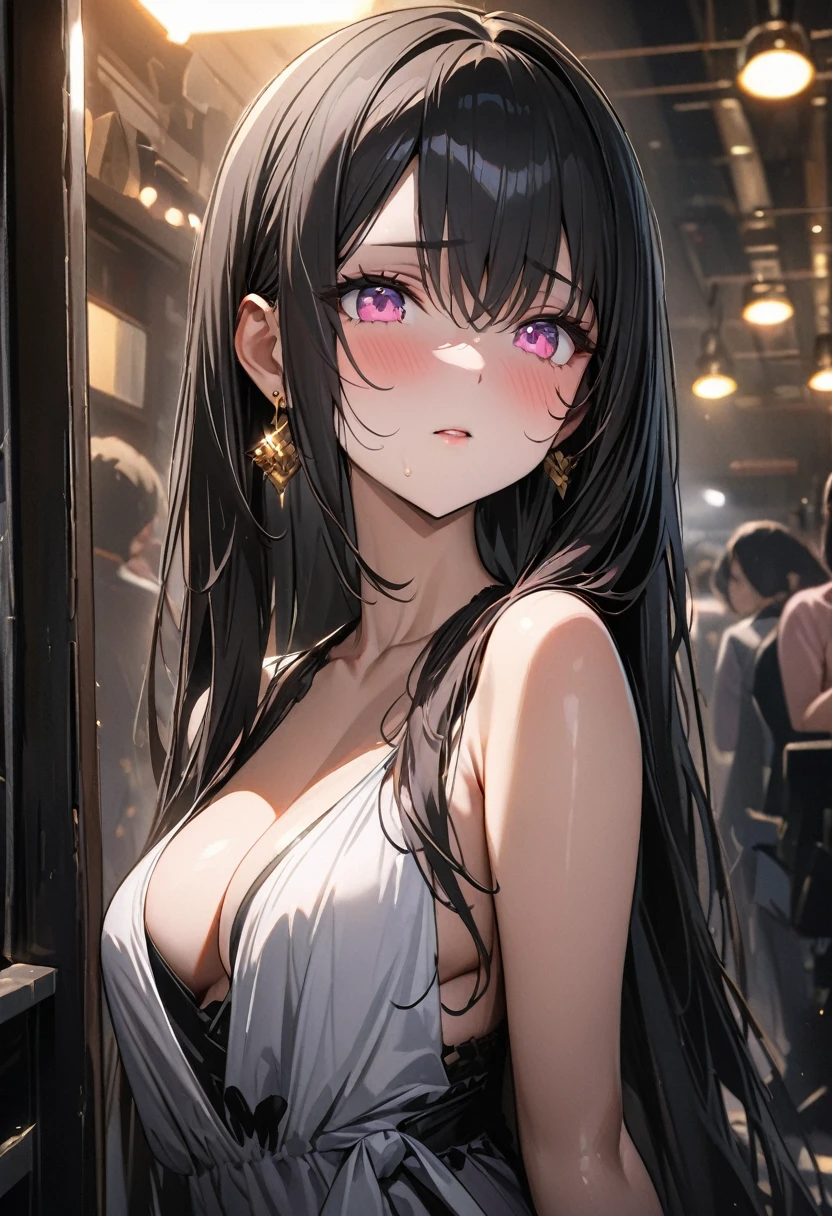 (Perfect Anatomy)、Mastepiece、Ultra High Quality、 8K、masterpiece、Highest quality、Ultra-high resolution、Maximum resolution、Very detailed、Professional Lighting、anime、Adult female、thin、so beautiful、Highly detailed eye、Highly detailed face、Golden earrings,Black Hair, Pink eyes,I can't wear underwear、Kimono with a beautiful pattern、kimono、grassland,