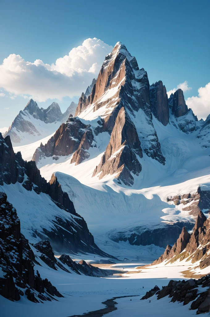 Create a magnificent and realistic mountain landscape