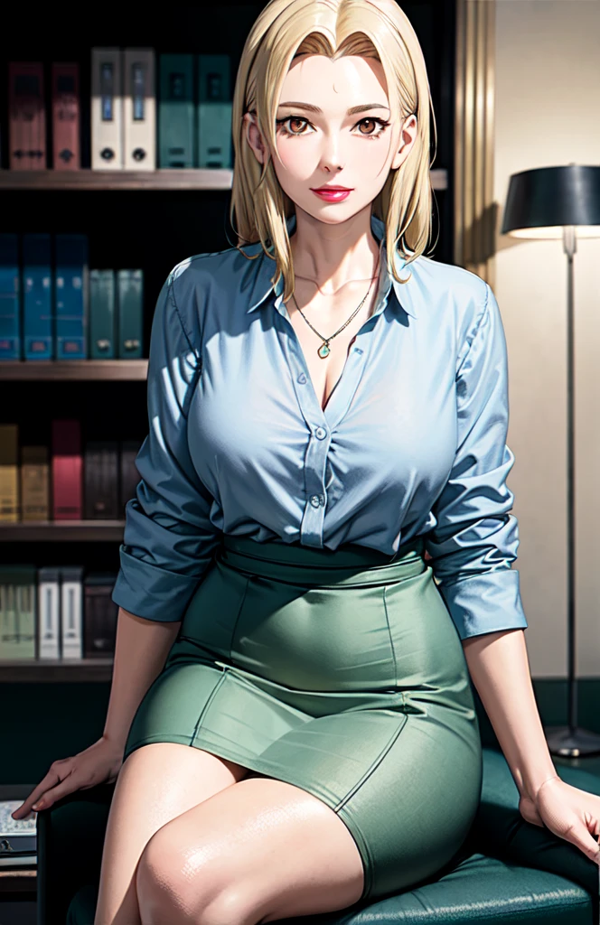 good anatomy, masterpiece, best quality, 4k, 8k, professional photography, soft light, sharp focus, office space, 1 girl, sitting in chair, blonde hair, white button up shirt, blonde hair, parted banks, detailed face+brown eyes, smile, closed lips, lipstick, necklace, bookshelves, windows, desklamp,   